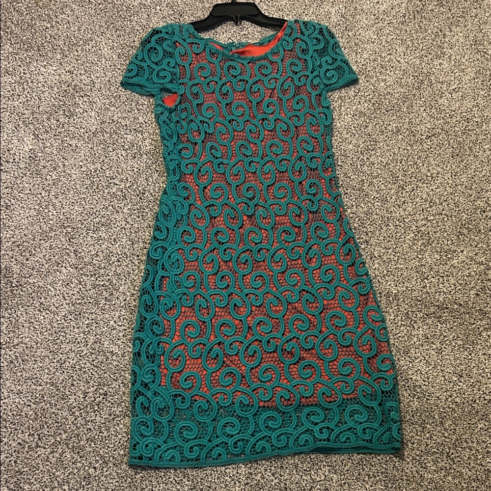 Elle Tahari two piece lace Teal Overlay Sheath Dress -